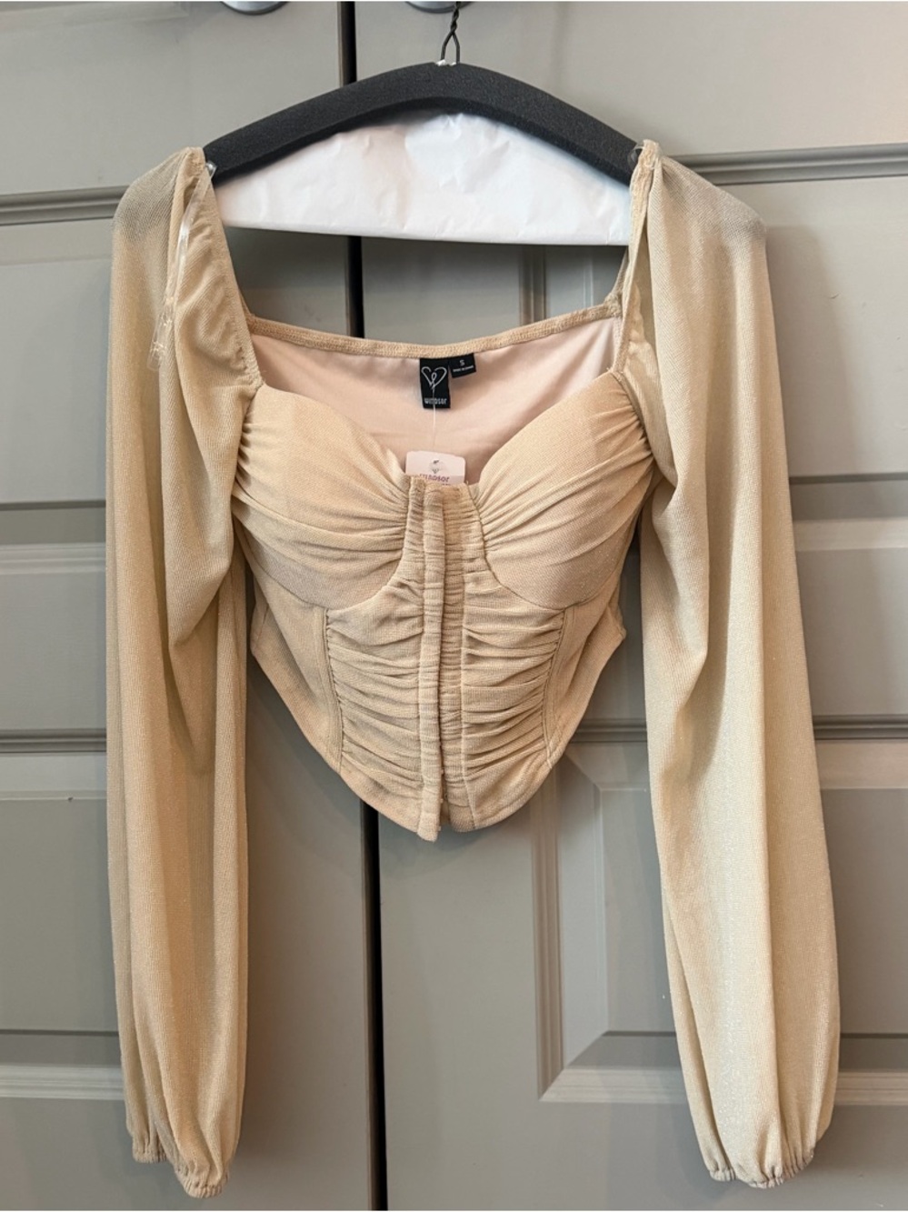 NWT Windsor Cream Long-Sleeve Ruched Corset Crop Top